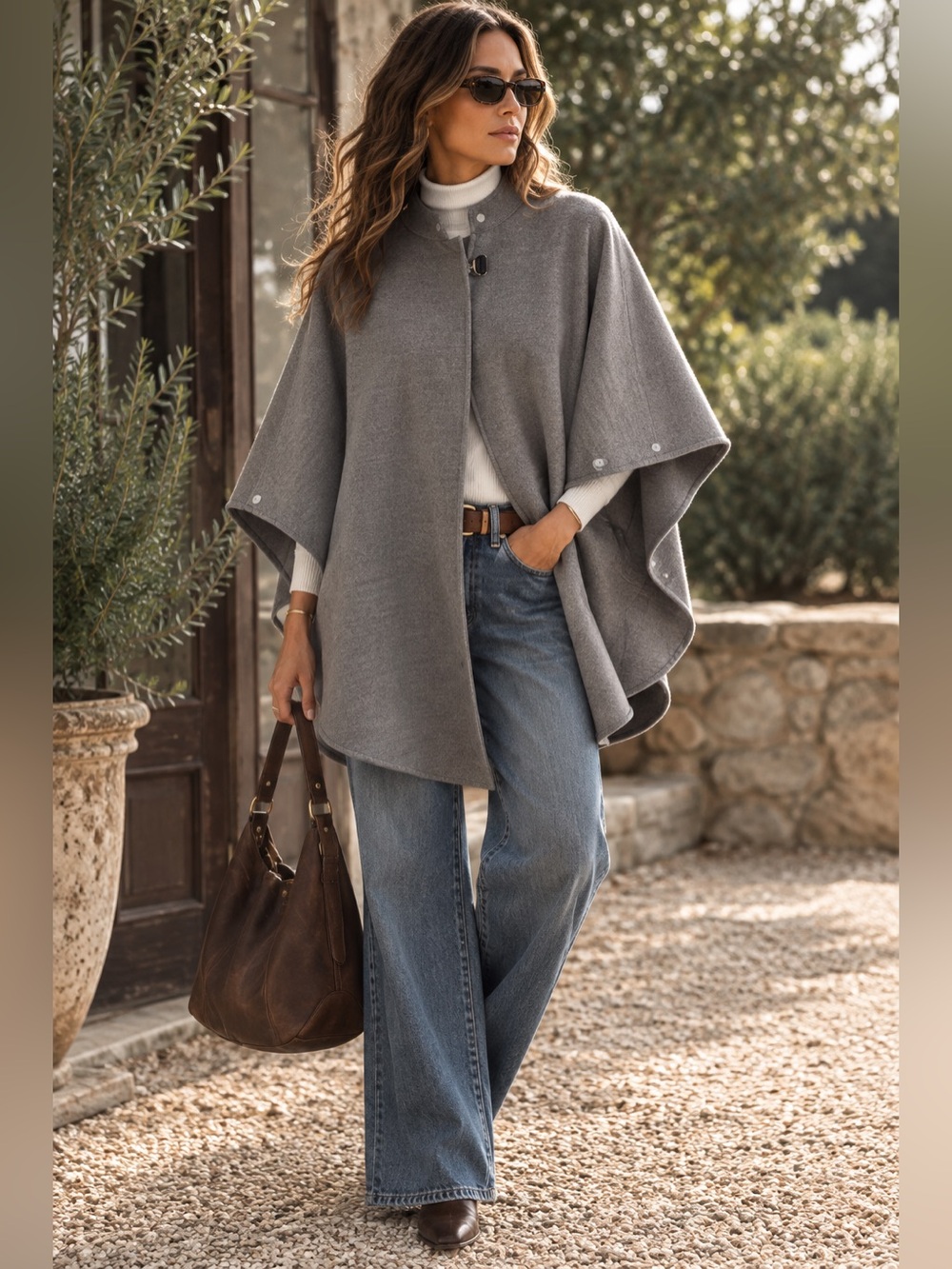 Gray Cape Coat Minimalist Button Front Poncho Swing Jacket
